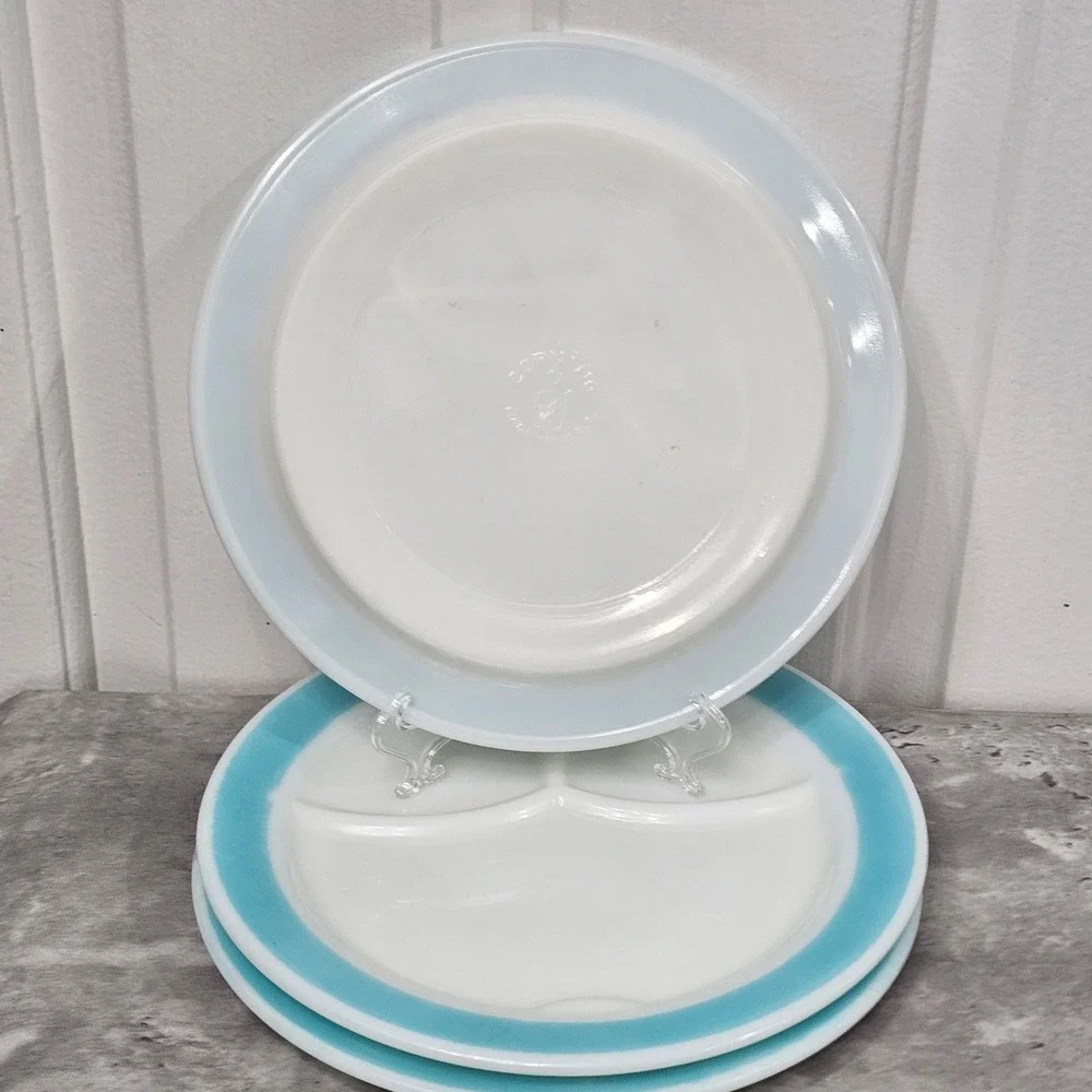 Vintage Corning Milk Glass Divided Grill Plates Turquoise Blue Rim Set of 3 9.5